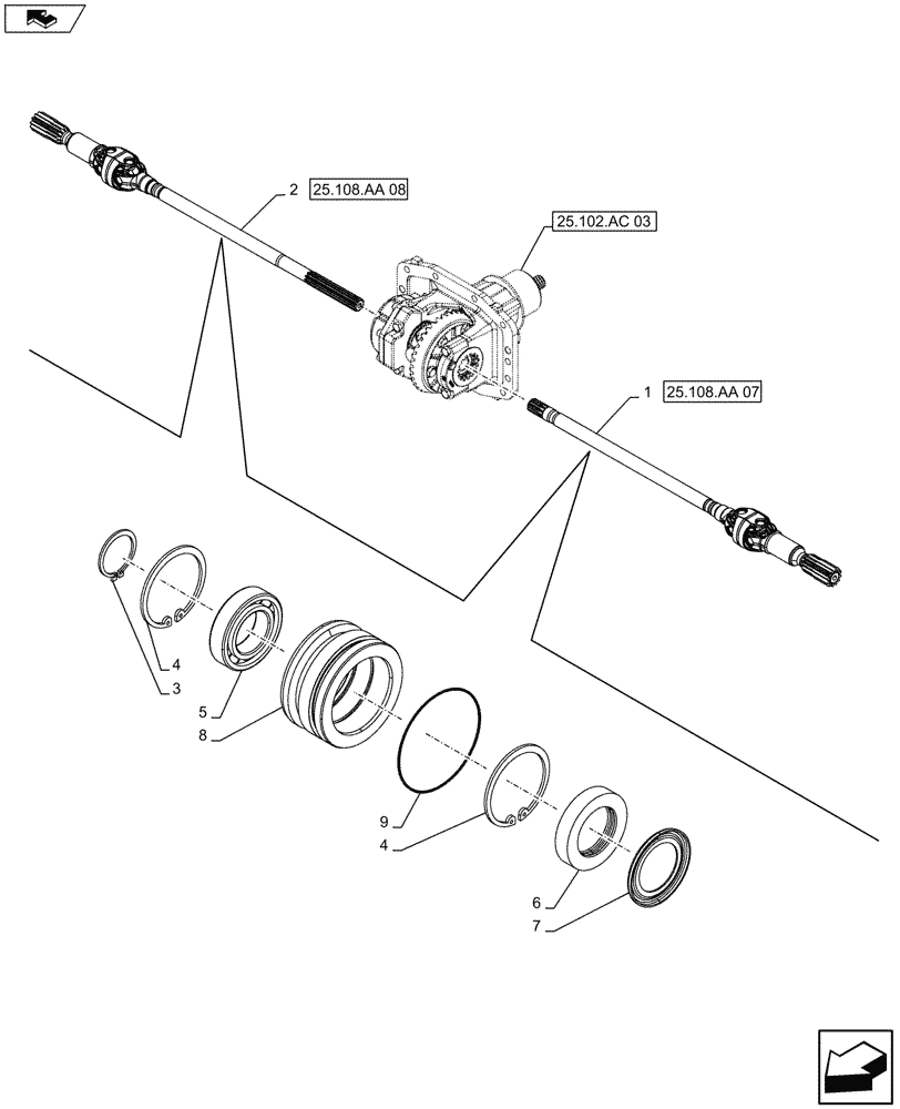 Схема запчастей Case IH FARMALL 115U - (25.108.AA[06]) - VAR - 330415 - 4WD FRONT AXLE, HALF SHAFT, W/ HYDRAULIC DIFFERENTIAL LOCK, ISO (25) - FRONT AXLE SYSTEM