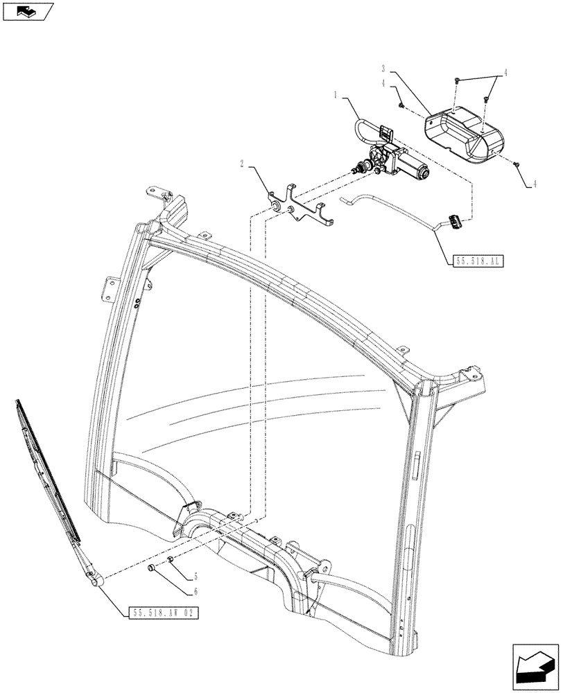 Схема запчастей Case IH FARMALL 105U - (55.518.AZ[02]) - STD + VAR - 336606, 339606, 391606 - WINDSHIELD WIPER, WIPER MOTOR, ISO (55) - ELECTRICAL SYSTEMS