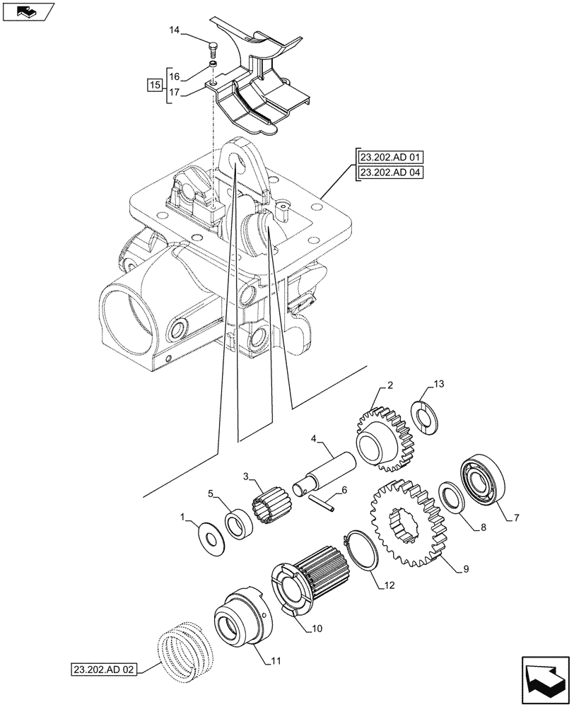 Схема запчастей Case IH FARMALL 115U - (23.202.AI[02]) - VAR - 743932 - 4WD, ELECTROHYDRAULIC ENGAGEMENT, GEAR, W/ HEAVY DUTY FLANGE (23) - FOUR WHEEL DRIVE SYSTEM