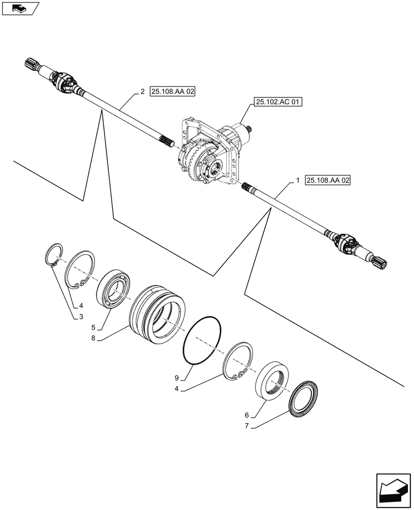 Схема запчастей Case IH FARMALL 115U - (25.108.AA[01]) - STD + VAR - 390399 - 4WD FRONT AXLE, HALF SHAFT, W/ LIMITED SLIP DIFFERENTIAL (25) - FRONT AXLE SYSTEM