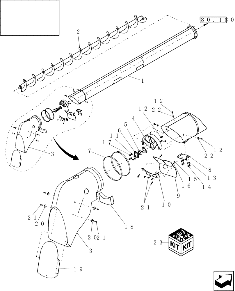 Схема запчастей Case IH 8010 - (80.180.05[01]) - UNLOADING AUGER, HORIZONTAL, 21 FT - PRIOR TO PIN HAJ202001 - 7010/8010 (80) - CROP STORAGE/UNLOADING