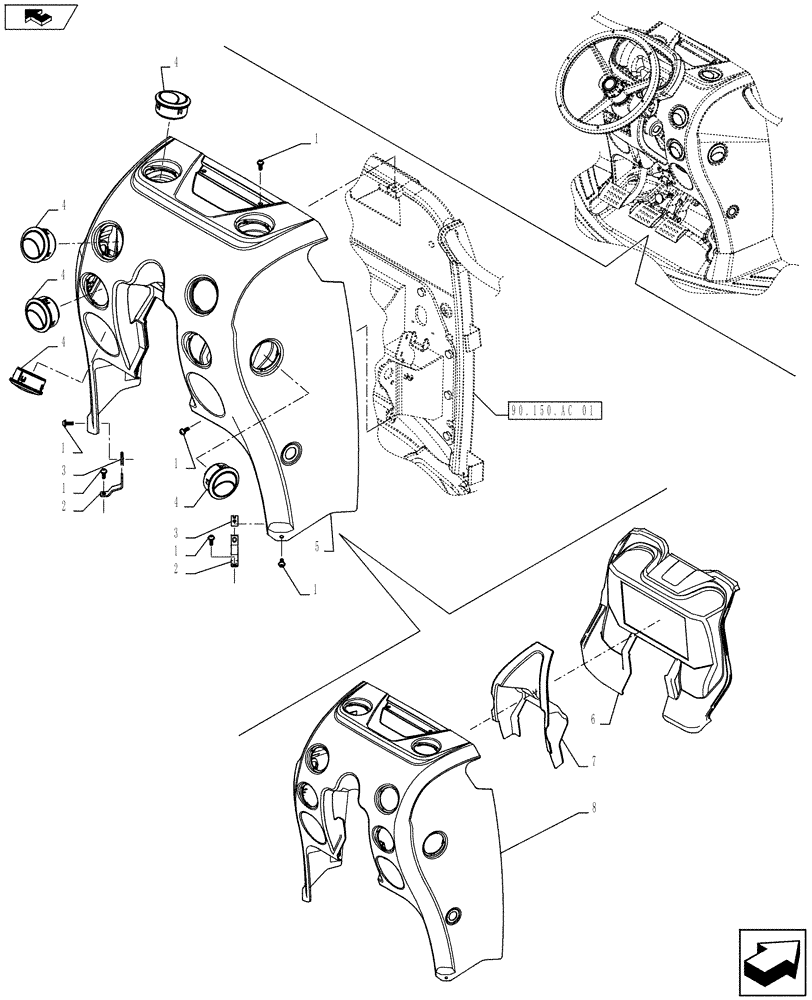 Схема запчастей Case IH FARMALL 115U - (90.110.AH[02]) - STD + VAR - 336606, 339606, 391606 - INSTRUMENT PANEL, CONSOLE, FRONT (90) - PLATFORM, CAB, BODYWORK AND DECALS