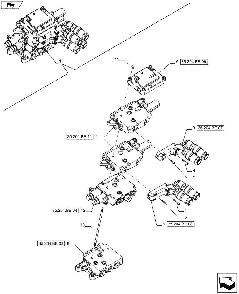 Схема запчастей Case IH FARMALL 115U - (35.204.BE[16]) - VAR - 338844 - REMOTE CONTROL VALVE, COMPONENTS (3 REMOTES) (35) - HYDRAULIC SYSTEMS