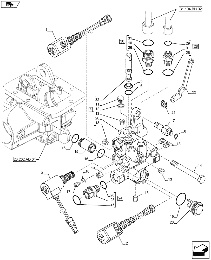 Схема запчастей Case IH FARMALL 115U - (23.202.AJ[02]) - VAR - 743933 - DIFFERENTIAL LOCK, VALVE, ISO (23) - FOUR WHEEL DRIVE SYSTEM