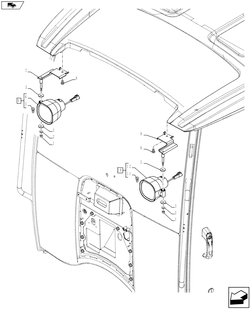 Схема запчастей Case IH FARMALL 115U - (55.404.AQ[01]) - VAR - 331735, 335717 - HEADLIGHT, ROOF-MOUNTED, FRONT, ISO (55) - ELECTRICAL SYSTEMS