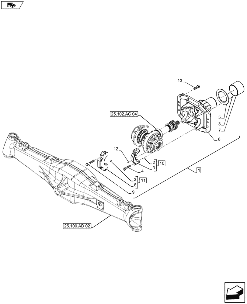 Схема запчастей Case IH FARMALL 115U - (25.102.AC[03]) - VAR - 330308, 330415 - 4WD FRONT AXLE, DIFFERENTIAL CARRIER, W/ HYDRAULIC DIFFERENTIAL LOCK, ISO (25) - FRONT AXLE SYSTEM
