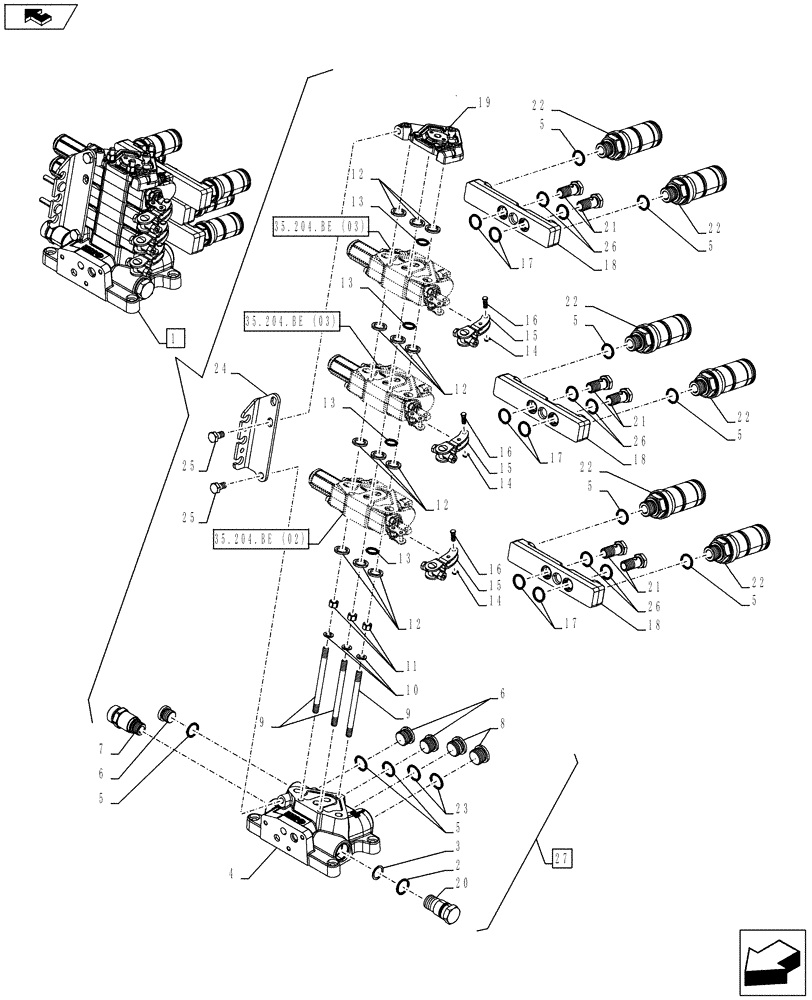 Схема запчастей Case IH FARMALL 115C - (35.204.BE[08]) - VAR - 333195 - REMOTE CONTROL VALVE, BLOCK, COMPONENTS (3 REMOTES) - ISO (35) - HYDRAULIC SYSTEMS