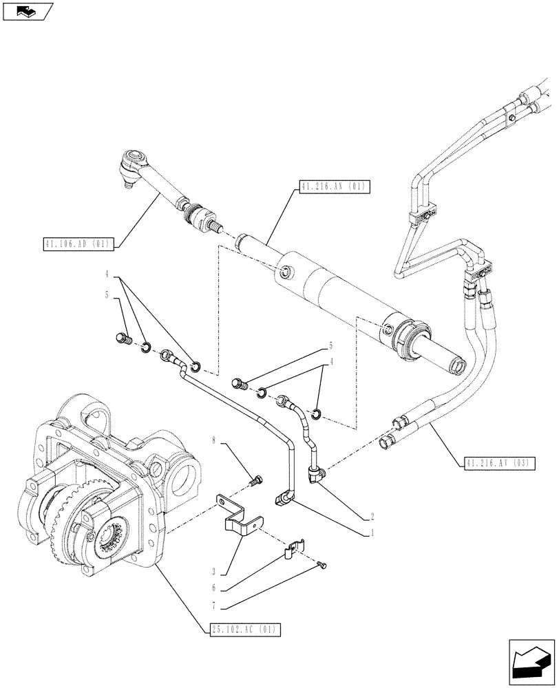 Схема запчастей Case IH FARMALL 95C - (41.216.AU[01]) - 4WD FRONT AXLE, STEERING CYLINDER HYD. LINE, W/LIMITED SLIP DIFFERENTIAL (41) - STEERING