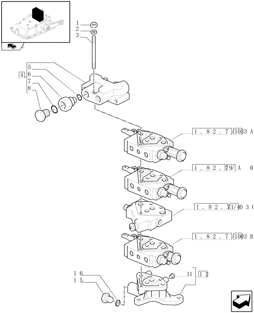 Схема запчастей Case IH FARMALL 75N - (1.82.7/05[01]) - 3 REM. VALVES FOR MECHANICAL LIFTER W/HYDRAULIC DIVIDER - FLANGE AND SIDE PANEL (VAR.330391-332391-333391-335391 / 743526) (07) - HYDRAULIC SYSTEM