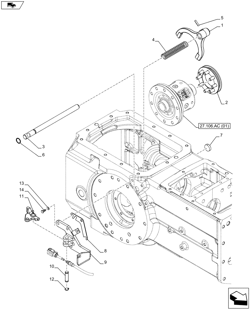 Схема запчастей Case IH FARMALL 115C - (27.106.AM) - VAR - 390381 - MECHANICAL DIFF. LOCK CONTROL, ROD & FORKS, SLEEVE (27) - REAR AXLE SYSTEM