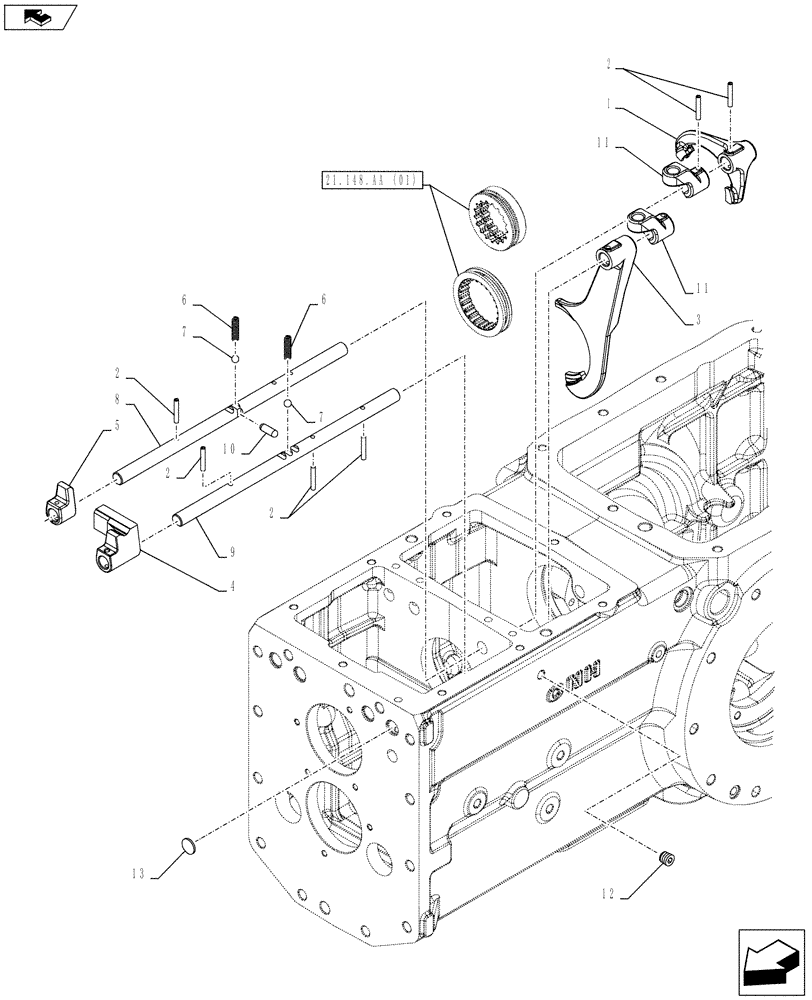 Схема запчастей Case IH FARMALL 105C - (21.148.AK[02]) - VAR - 744764 - TRANSMISSION, ROD & FORKS (POWER SHUTTLE) (21) - TRANSMISSION