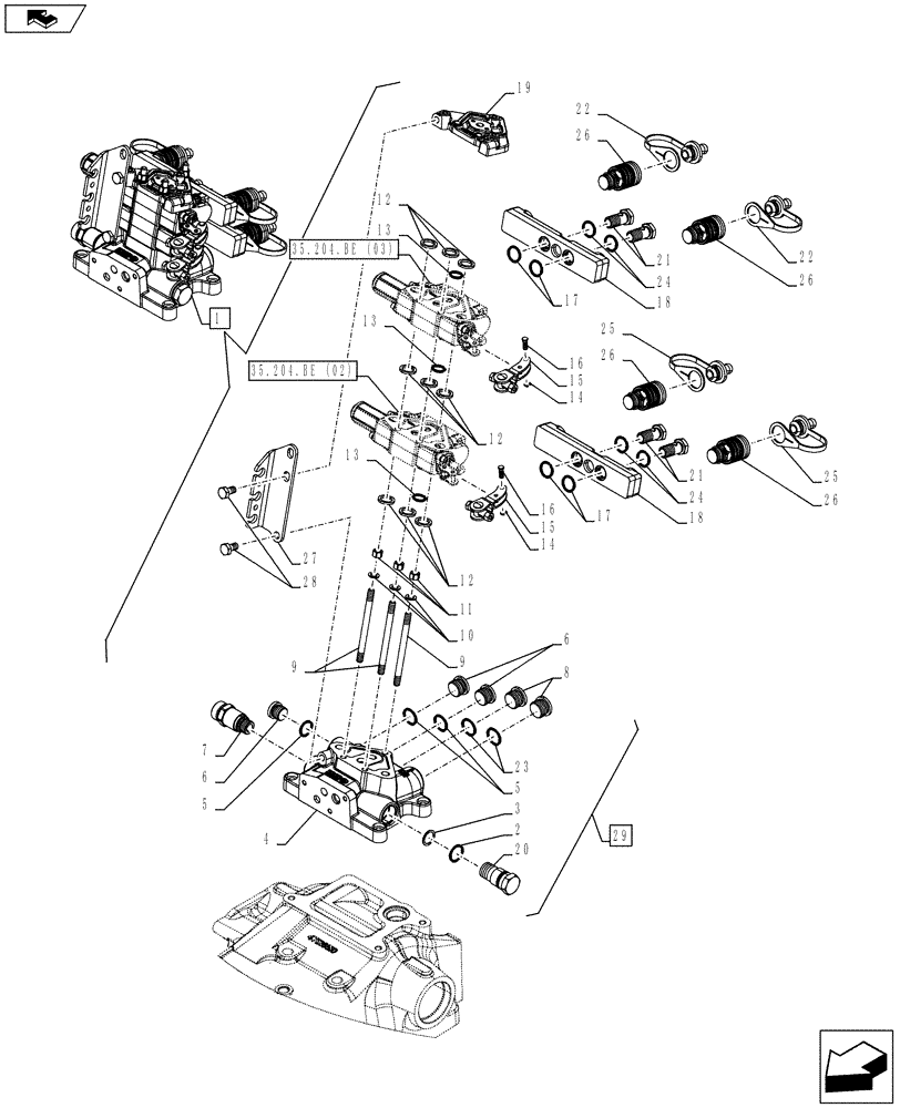 Схема запчастей Case IH FARMALL 95C - (35.204.BE[01]) - VAR - 743569 - REMOTE CONTROL VALVE, BLOCK, COMPONENTS (2 REMOTES) - ISO (35) - HYDRAULIC SYSTEMS