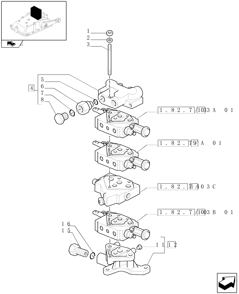 Схема запчастей Case IH FARMALL 75N - (1.82.7/03[01]) - THREE REMOTE VALVES & FLOW-RATE REGULATOR FOR MDC - VALVE AND FLANGE (VAR.330390-331390 / 743525) (07) - HYDRAULIC SYSTEM