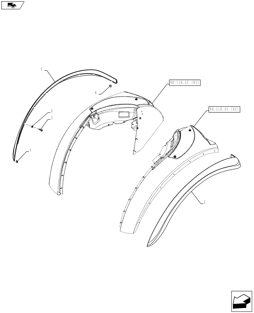 Схема запчастей Case IH FARMALL 115C - (90.116.AC[09]) - VAR - 744599 - REAR FENDER EXTENSION, WRAP-AROUND, W/O CAB (90) - PLATFORM, CAB, BODYWORK AND DECALS