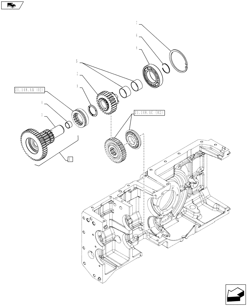 Схема запчастей Case IH FARMALL 115C - (21.148.AH[02]) - VAR - 743552, 743507 - DRIVE GEAR SHAFT, BEARING, HEAVY DUTY (21) - TRANSMISSION