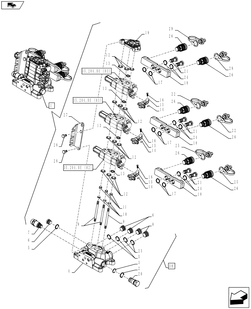 Схема запчастей Case IH FARMALL 105C - (35.204.BE[09]) - VAR - 336108 - REMOTE CONTROL VALVE, BLOCK, COMPONENTS (3 REMOTES) - ISO (35) - HYDRAULIC SYSTEMS