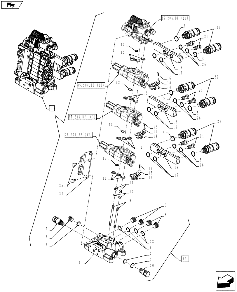 Схема запчастей Case IH FARMALL 115C - (35.204.BE[20]) - VAR - 334195 – REMOTE CONTROL VALVE, BLOCK, COMPONENTS (3 REMOTES HI - LO) (35) - HYDRAULIC SYSTEMS