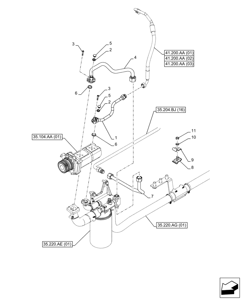 Схема запчастей Case IH FARMALL 95C - (35.204.BJ[14]) - VAR - 332785, 390831, 743595, 743596 - STEERING LINE (35) - HYDRAULIC SYSTEMS