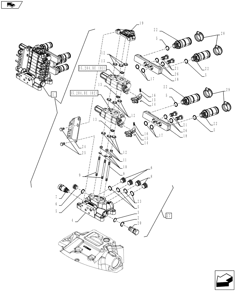 Схема запчастей Case IH FARMALL 115C - (35.204.BE[25]) - VAR - 743569 - REMOTE CONTROL VALVE, BLOCK, COMPONENTS (2 REMOTE) - NA (35) - HYDRAULIC SYSTEMS