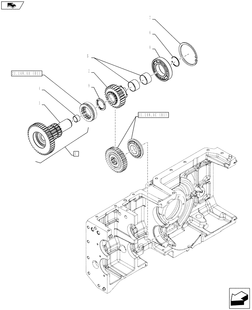 Схема запчастей Case IH FARMALL 115C - (21.148.AH[01]) - DRIVE GEAR SHAFT, GEAR, BEARING (21) - TRANSMISSION