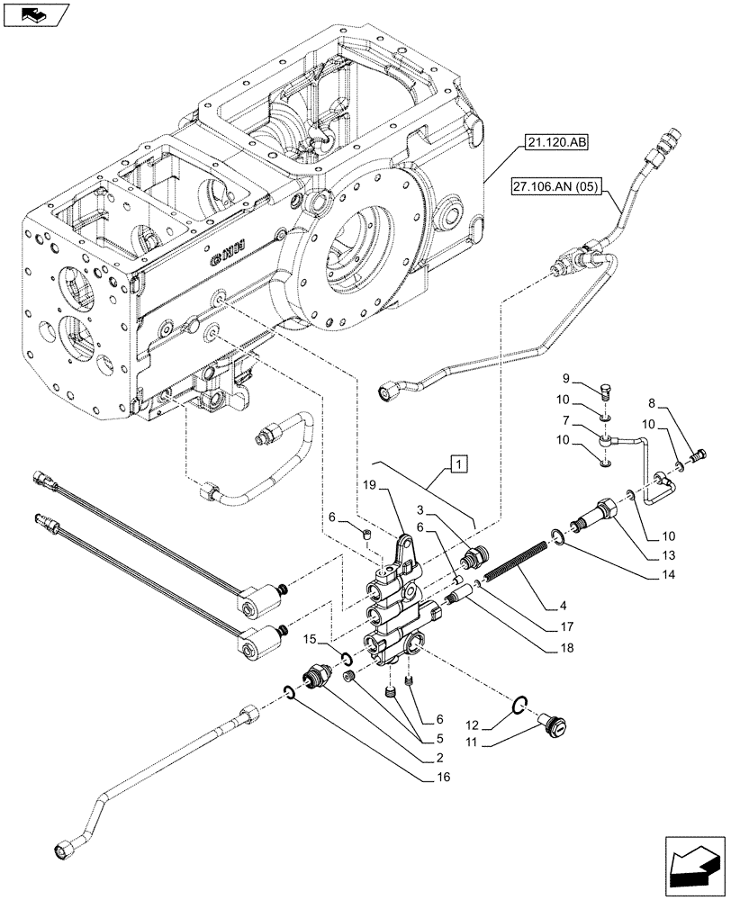 Схема запчастей Case IH FARMALL 105C - (23.202.AJ[02]) - VAR - 743564 - DIFFERENTIAL LOCK, HYDRAULIC, VALVE (4WD - SHUTTLE), W/O CAB (23) - FOUR WHEEL DRIVE SYSTEM