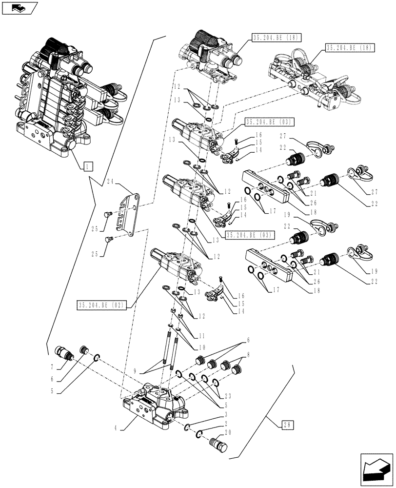 Схема запчастей Case IH FARMALL 115C - (35.204.BE[17]) - VAR - 743570 – REMOTE CONTROL VALVE, BLOCK, COMPONENTS (3 REMOTES HI - LO) (35) - HYDRAULIC SYSTEMS