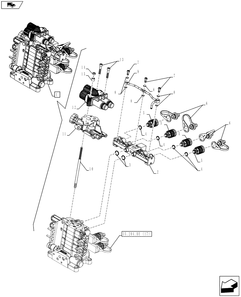 Схема запчастей Case IH FARMALL 115C - (35.204.BE[18]) - VAR - 743570 – REMOTE CONTROL VALVE, BLOCK, COMPONENTS (3 REMOTES HI - LO) (35) - HYDRAULIC SYSTEMS