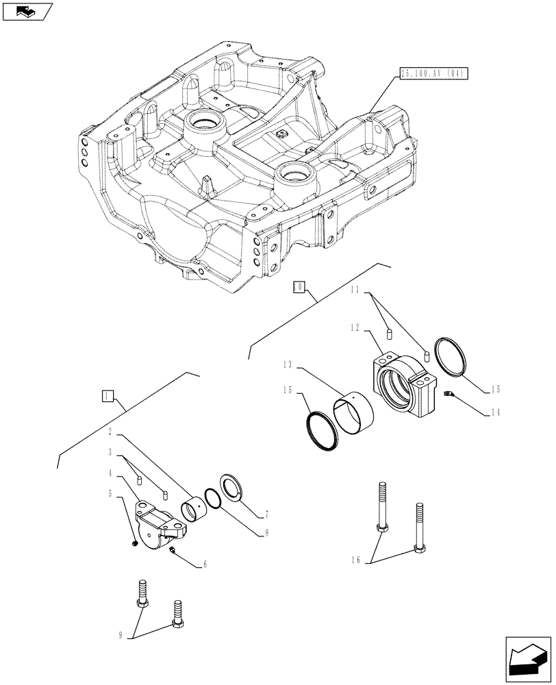 Схема запчастей Case IH FARMALL 105C - (25.100.AI[03]) - VAR - 332789, 334219 - FRONT AXLE, ARTICULATION, SUPPORT, 4WD (25) - FRONT AXLE SYSTEM