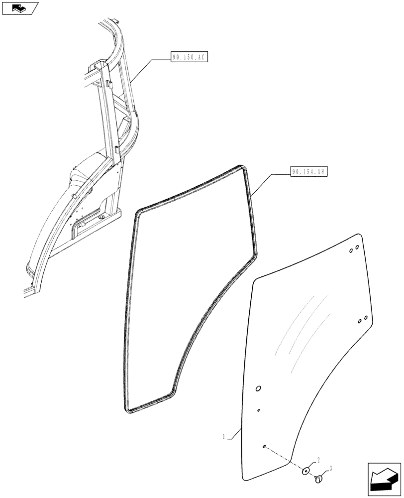 Схема запчастей Case IH FARMALL 105C - (90.154.AV[03]) - VAR - 743573, 743496, 334179, 334180, 334183, 334185, 334211, 744588, 336606 - CAB DOOR, GLASS (90) - PLATFORM, CAB, BODYWORK AND DECALS