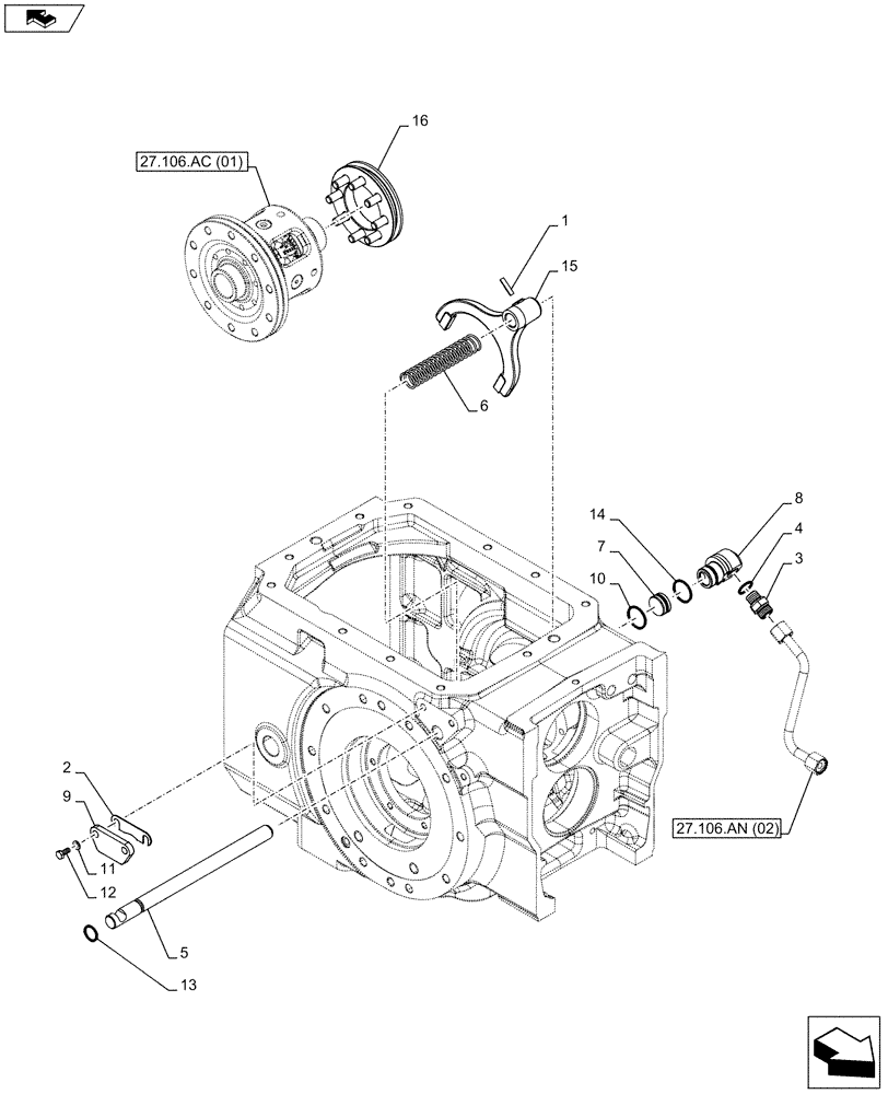 Схема запчастей Case IH FARMALL 105C - (27.106.AO[01]) - VAR - 743564 - HYDRAULIC DIFF. LOCK CONTROL, ROD & FORKS, SLEEVE (27) - REAR AXLE SYSTEM