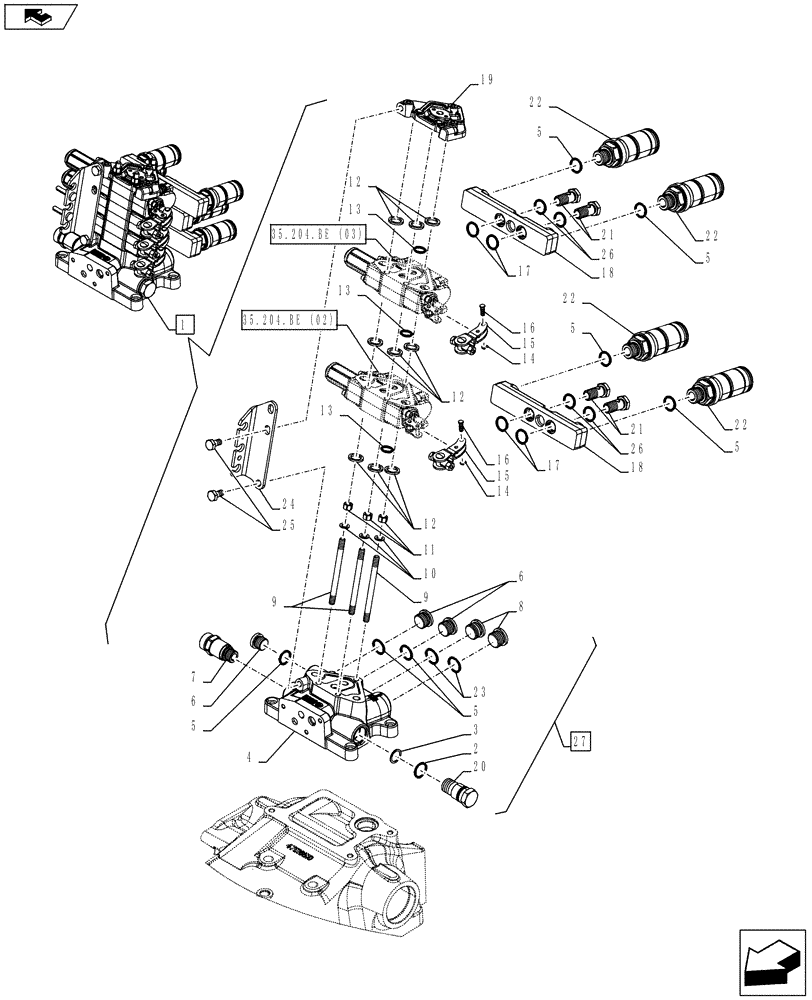 Схема запчастей Case IH FARMALL 95C - (35.204.BE[07]) - VAR - 333195 - REMOTE CONTROL VALVE, BLOCK, COMPONENTS (2 REMOTES) - ISO (35) - HYDRAULIC SYSTEMS