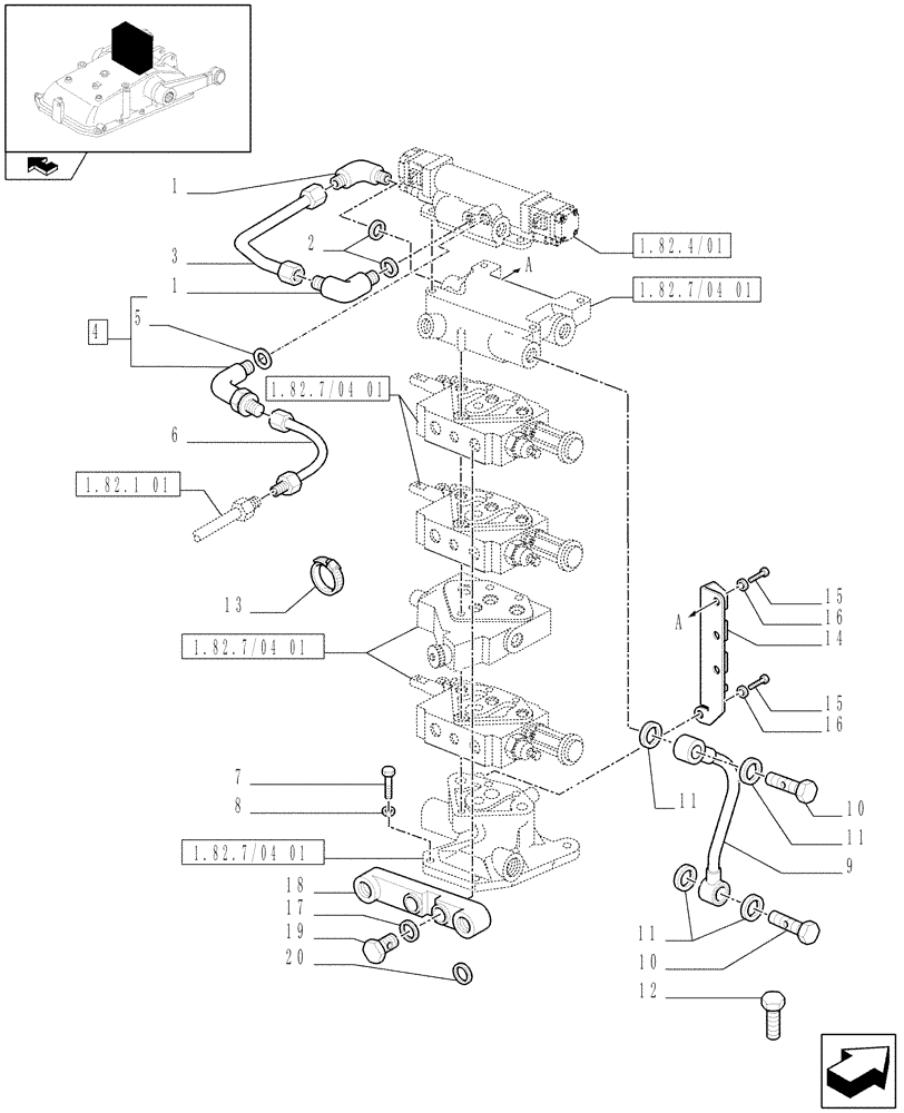 Схема запчастей Case IH FARMALL 75N - (1.82.7/04[03]) - 3 REMOTE VALVES FOR ELECTRONIC LIFTER W/HYD. DIVIDER FOR EDC - PIPES (VAR.335390 / 743525) (07) - HYDRAULIC SYSTEM