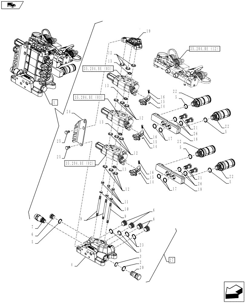 Схема запчастей Case IH FARMALL 95C - (35.204.BE[10]) - VAR - 743571 - REMOTE CONTROL VALVE, BLOCK, COMPONENTS (3 REMOTES) - ISO (35) - HYDRAULIC SYSTEMS