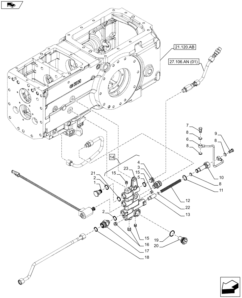 Схема запчастей Case IH FARMALL 85C - (23.202.AJ[01]) - VAR - 390381 - DIFFERENTIAL LOCK, MECHANICAL, VALVE (4WD - SHUTTLE), W/O CAB (23) - FOUR WHEEL DRIVE SYSTEM