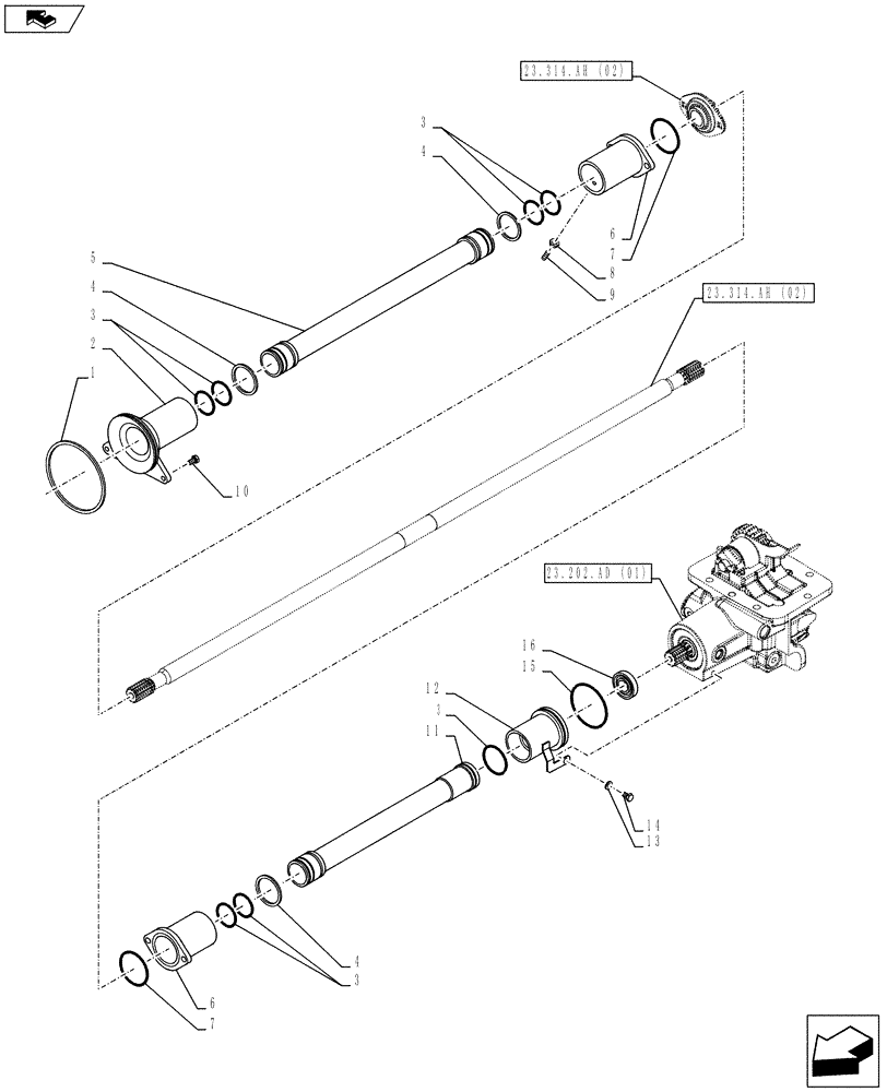 Схема запчастей Case IH FARMALL 95C - (23.314.AH[03]) - VAR - 332448 - DRIVE SHAFT, GUARD (23) - FOUR WHEEL DRIVE SYSTEM