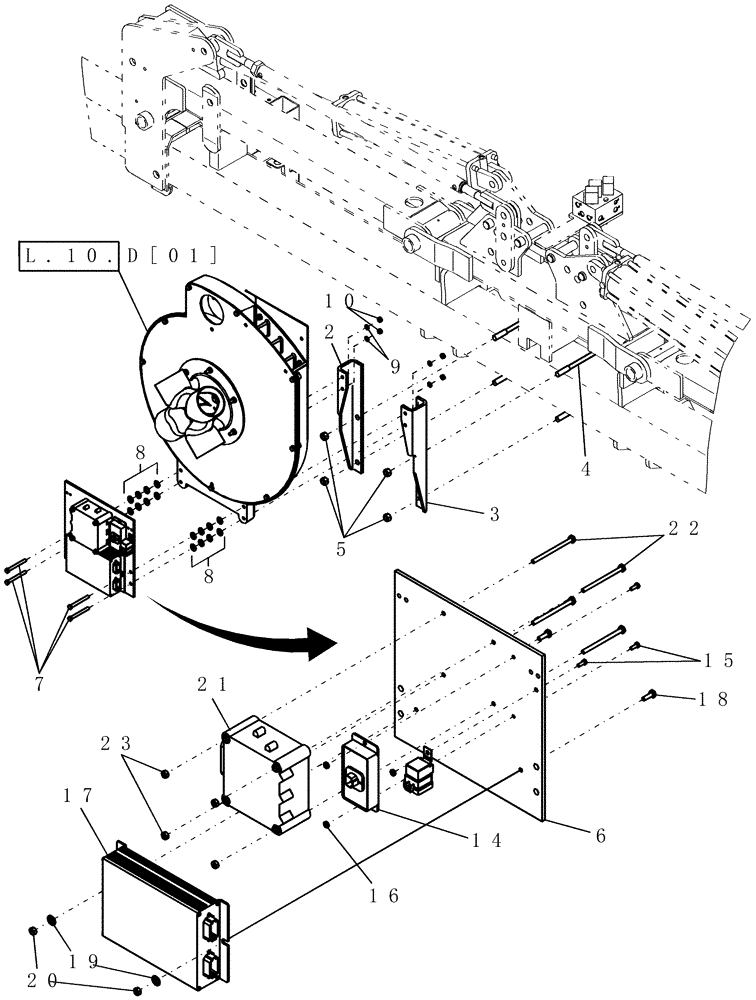 Схема запчастей Case IH 1200 - (L.10.D[09]) - FAN AND ELECTRONIC ASSEMBLY MOUNTING, ALL MOUNTED STACKERS, EXCEPT 12 ROW 30" SPACING AND 16 ROW VR HYDRAULIC DRIVE (BEFORE 10/03) L - Field Processing
