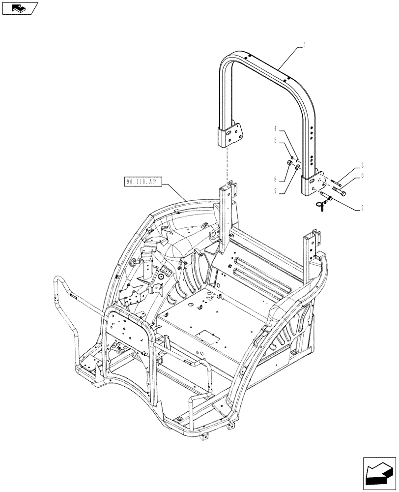 Схема запчастей Case IH FARMALL 85C - (90.114.AQ) - VAR - 394315, 392315, 334191, 334190, 334188, 334187 - REAR FRAME, ROPS (90) - PLATFORM, CAB, BODYWORK AND DECALS