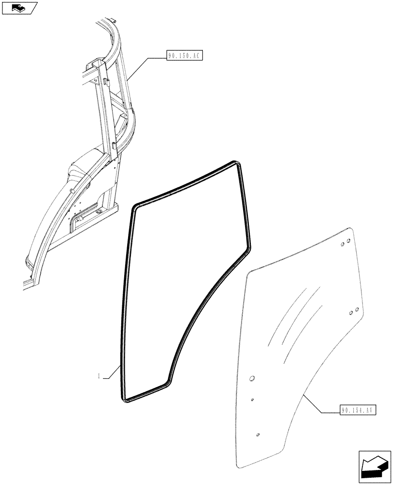 Схема запчастей Case IH FARMALL 95C - (90.154.AH[03]) - VAR - 743573, 743496, 334179, 334180, 334183, 334185, 334211, 744588, 336606 - CAB DOOR, GLASS SEAL (90) - PLATFORM, CAB, BODYWORK AND DECALS