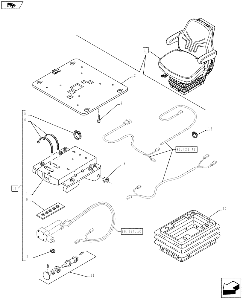 Схема запчастей Case IH FARMALL 115C - (90.124.AE[15]) - VAR - 332850 - DRIVER SEAT, W/ CAB - END YR 18-AUG-2013 (90) - PLATFORM, CAB, BODYWORK AND DECALS