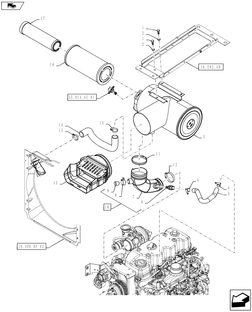 Схема запчастей Case IH MAXXUM 110 - (10.202.AB[03]) - VAR - 330189, 332189, 743763 - AIR FILTER WITH PRECLEANER "SPIN TUBE" - AIR CLEANER & INTAKE PARTS (10) - ENGINE