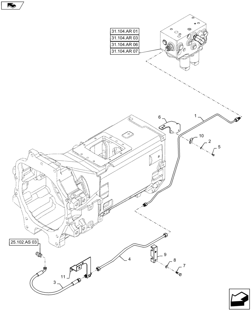 Схема запчастей Case IH MAXXUM 115 - (25.102.AT[03]) - VAR - 330414, 330427 - DIFFERENTIAL LOCK LINES - CL.3 - 4WD FRONT AXLE (25) - FRONT AXLE SYSTEM