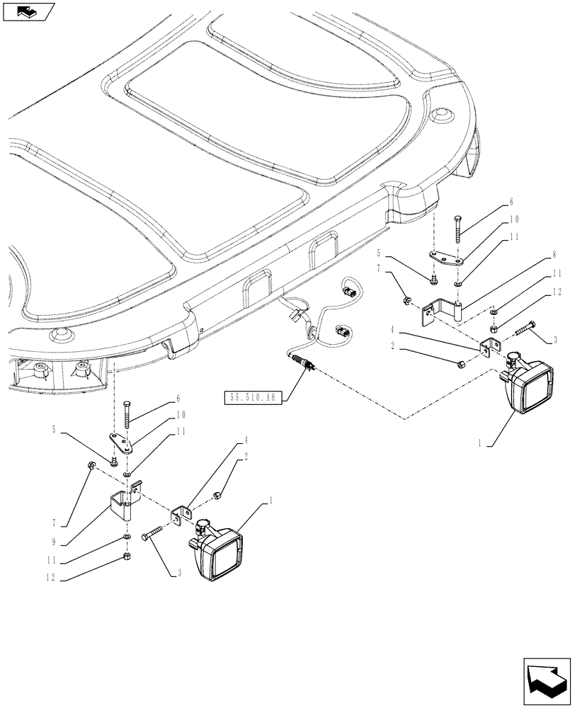 Схема запчастей Case IH FARMALL 105C - (55.404.BS[02]) - VAR - 743582, 743583, 332717 - WORK LAMP, ROOF-MOUNTED, REAR (55) - ELECTRICAL SYSTEMS