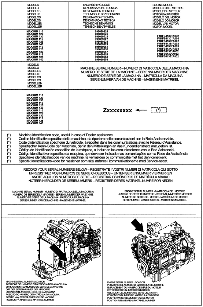 Схема запчастей Case IH MAXXUM 140 - (00.100.01) - IDENTIFICATION AND VERSION LIST (00) - GENERAL & PICTORIAL INDEX
