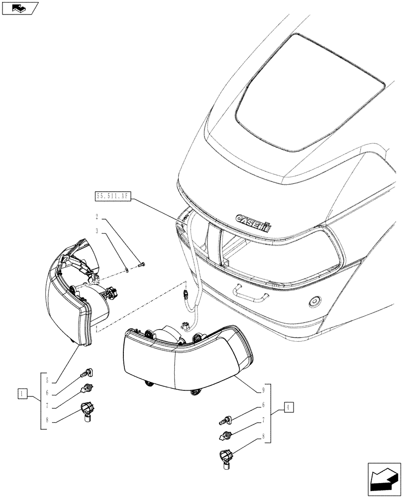 Схема запчастей Case IH FARMALL 105C - (55.404.AQ[02]) - VAR - 743580, 743582, 743583, 743867 - HEADLAMP, HOOD, LH DRIVE - ISO (55) - ELECTRICAL SYSTEMS