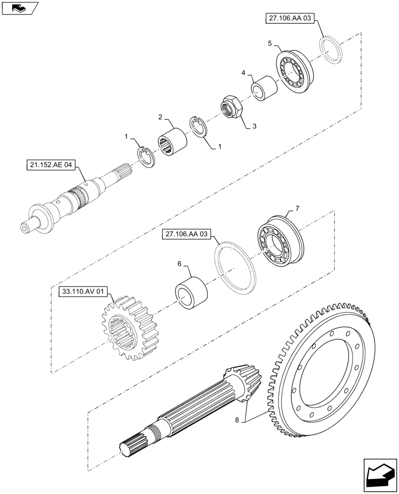 Схема запчастей Case IH MAXXUM 120 - (27.106.AA[01]) - VAR - 330247, 743766, 330291, 743764 + STD - TRANSMISSION 16X16 AND 17X16 (40 KM/H), SPS - CENTRAL REDUCTION GEARS AND BEVEL GEAR PAIR (27) - REAR AXLE SYSTEM