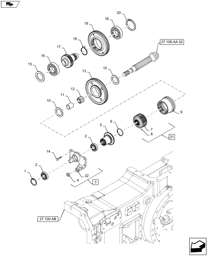 Схема запчастей Case IH MAXXUM 110 - (21.160.AL) - VAR - 331330, 332330, 743736 - CREEPER FOR TRANSMISSION 16X16 AND 24X24 - GEARS AND SUPPORT (21) - TRANSMISSION