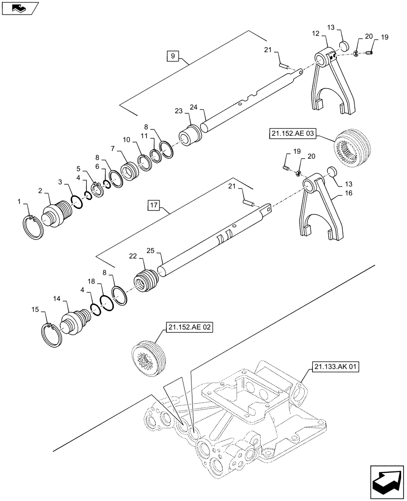 Схема запчастей Case IH MAXXUM 115 - (21.133.AK[02]) - TRANSMISSION 16X16 AND 17X16 (40 KM/H), SPS - REVERSER COVER, ROD & FORKS (21) - TRANSMISSION