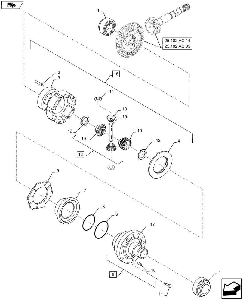 Схема запчастей Case IH MAXXUM 115 - (25.102.AC[10]) - VAR - 330408, 330429, 330430 - CL.4 FRONT AXLE - DIFFERENTIAL BREAKDOWN (25) - FRONT AXLE SYSTEM