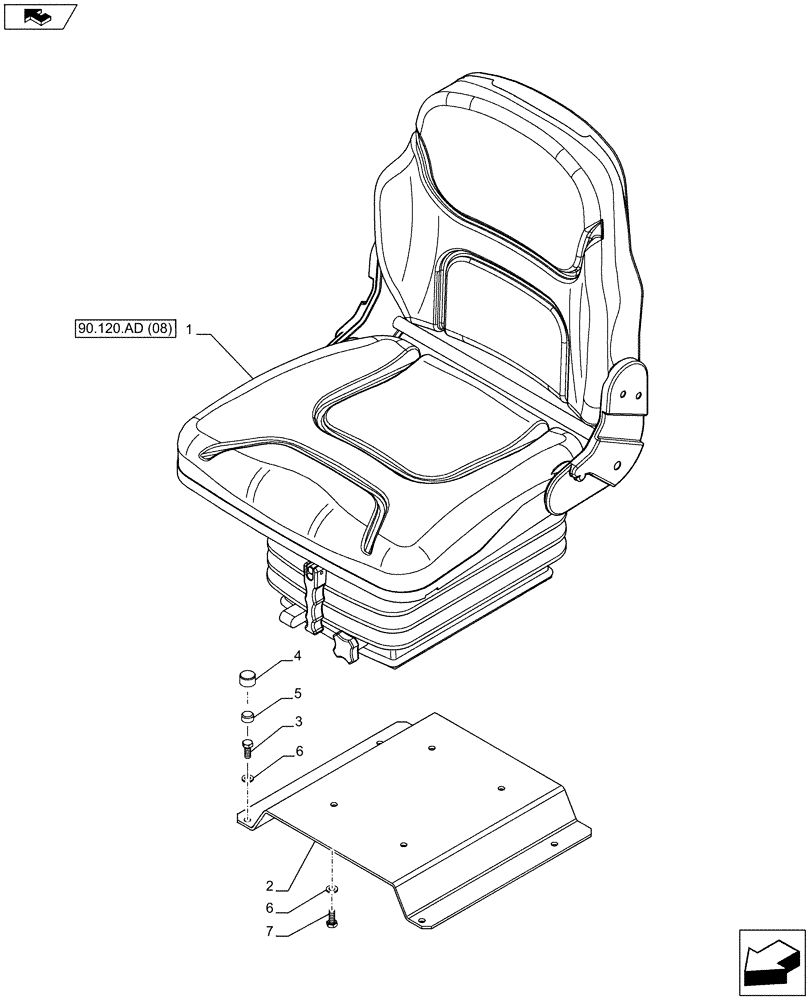 Схема запчастей Case IH FARMALL 115C - (90.120.AD[07]) - VAR - 390155 - DRIVER SEAT, W/O CAB - ISO (90) - PLATFORM, CAB, BODYWORK AND DECALS