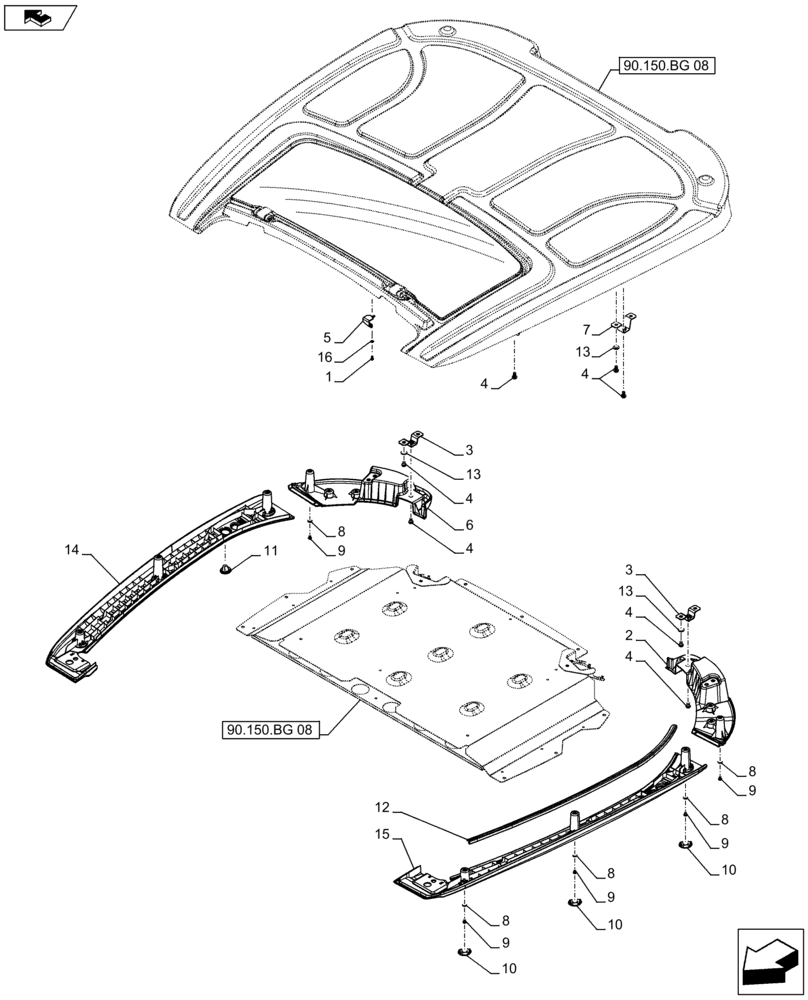 Схема запчастей Case IH FARMALL 105C - (90.150.BG[09]) - VAR - 743496, 334179, 334180, 334183, 334185, 334211, 336606 - CAB ROOF, SUPPORT - NA - END YR 09-OCT-2012 (90) - PLATFORM, CAB, BODYWORK AND DECALS